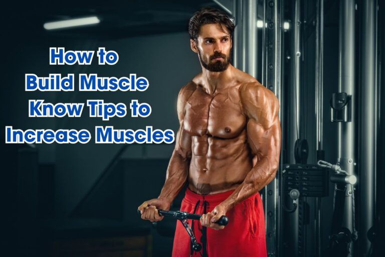 Muscular man in red shorts using a cable machine at the gym. Text: "How to Build Muscle: Know Tips to Increase Muscles