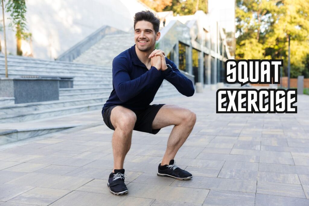 Man performing squats outdoors; exercise targets quadriceps, hamstrings, glutes, and core to improve leg strength and coordination