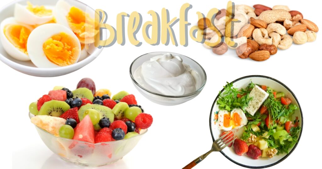 "Healthy breakfast with eggs, nuts, yogurt, fruit salad, and vegetable salad."