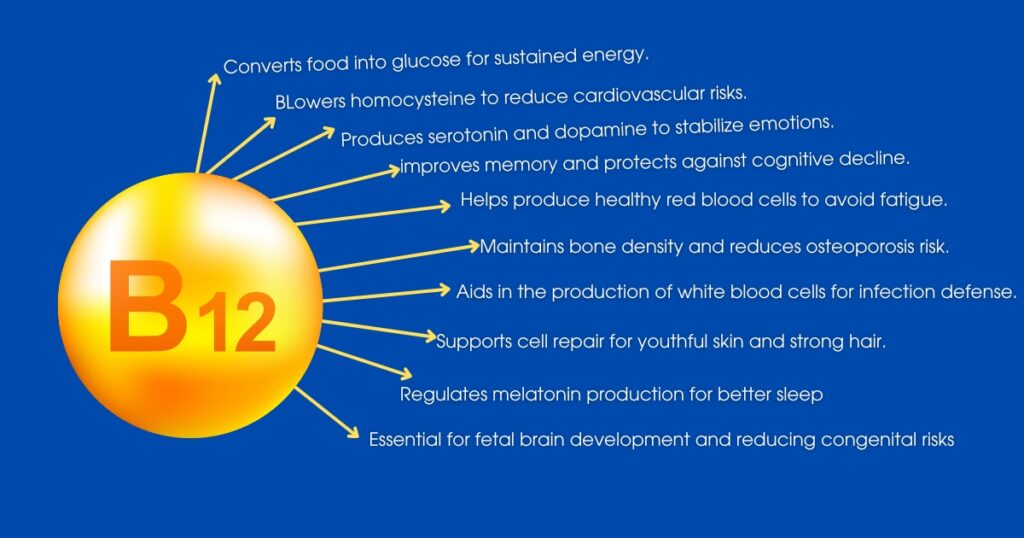 10 Benefits of vitamin B 12
Converts food into glucose for sustained energy.
Lowers homocysteine to reduce cardiovascular risks.
Produces serotonin and dopamine to stabilize emotions.
Enhances memory and protects against cognitive decline.
Helps produce healthy red blood cells to avoid fatigue.
Maintains bone density and reduces osteoporosis risk.
Aids in the production of white blood cells for infection defense.
Supports cell repair for youthful skin and strong hair.
Regulates melatonin production for better sleep.
Essential for fetal brain development and reducing congenital risks.