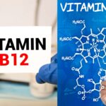 A split image showing "VITAMIN B12" on the left, and on the right, its detailed chemical structure on a blue background.