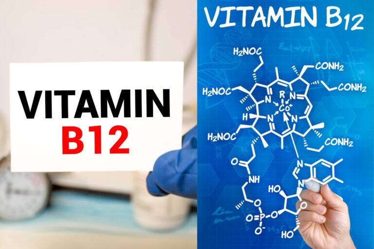 A split image showing "VITAMIN B12" on the left, and on the right, its detailed chemical structure on a blue background.