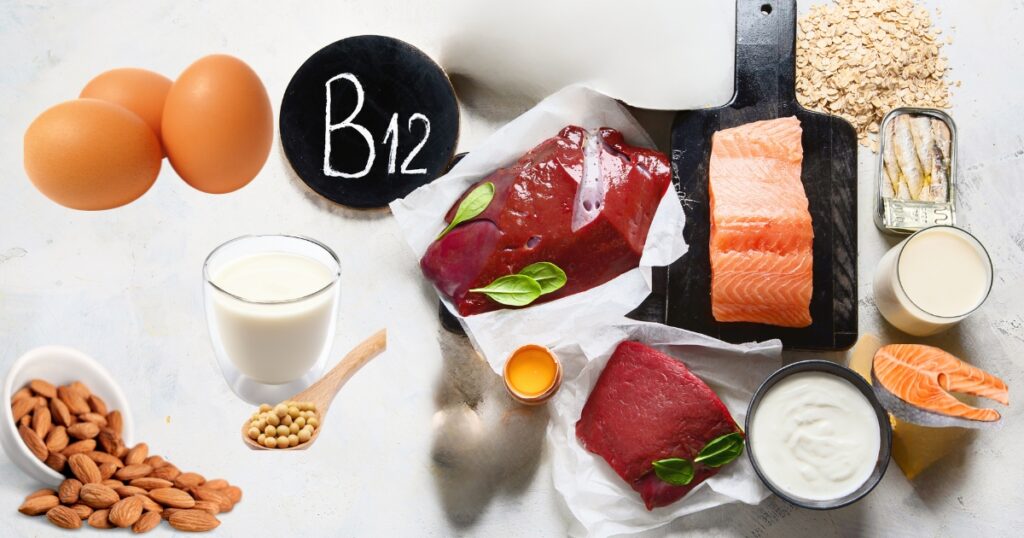 Sources of Vitamin B12 includes eggs, milk, yogurt, liver, soy milk, cereals, and fish etc