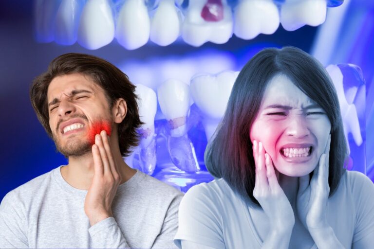 Man and woman in severe tooth pain, holding their jaws.