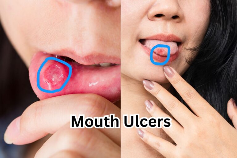 Close-up of mouth ulcers on tongue and inner lip, highlighted in blue for emphasis.